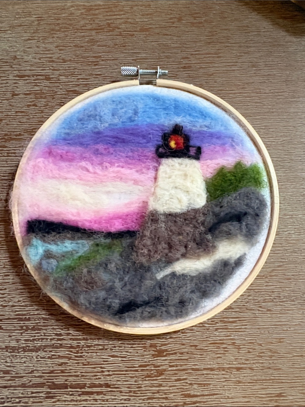 Handmade Felt Lighthouse  Wall Art in Pastel Blue and Pink small round